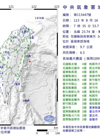 東部海域地震規模6.3 宜花東最大震度4級