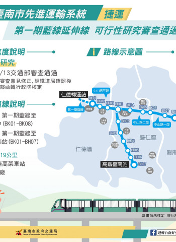 臺南捷運建設邁大步 藍延線可研通過將連接多區域