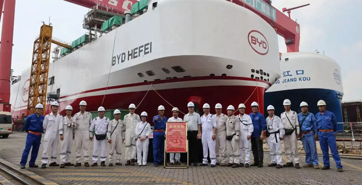 艦隊啟航，比亞迪為擴展全球電動車市場，7,000輛新能源車運輸船「比亞迪合肥號」正式出塢