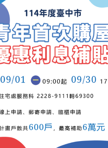 住宅貸款利息補貼9月開跑 臺中加碼青年購屋最高補助6萬元