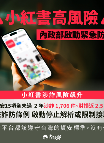 內政部下令封鎖小紅書APP一年 強化資安防護 防止網路詐騙擴散 全面保障民眾權益