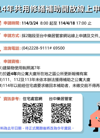 臺中市114年公寓大廈修繕補助3月24日開跑 最高22萬元 線上申請更便捷