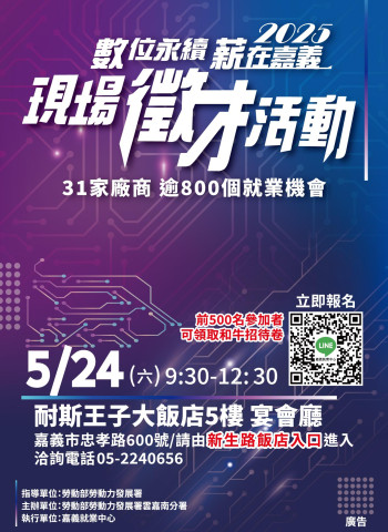 勞動部嘉義就業中心大型徵才 5月24日登場　最高年薪達70萬元、800職缺開放應徵
