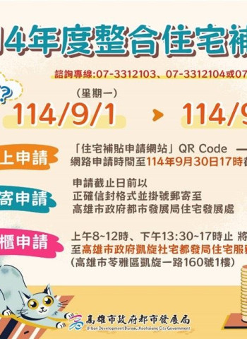 114年自購及修繕住宅貸款利息補貼開放申請　高雄市都發局：弱勢戶享最低1.187％優惠利率