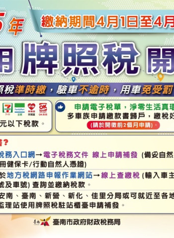 臺南市府提醒牌照稅將於4月1日開徵　多元繳納管道便利又快速　電子稅單兼顧環保與便民服務