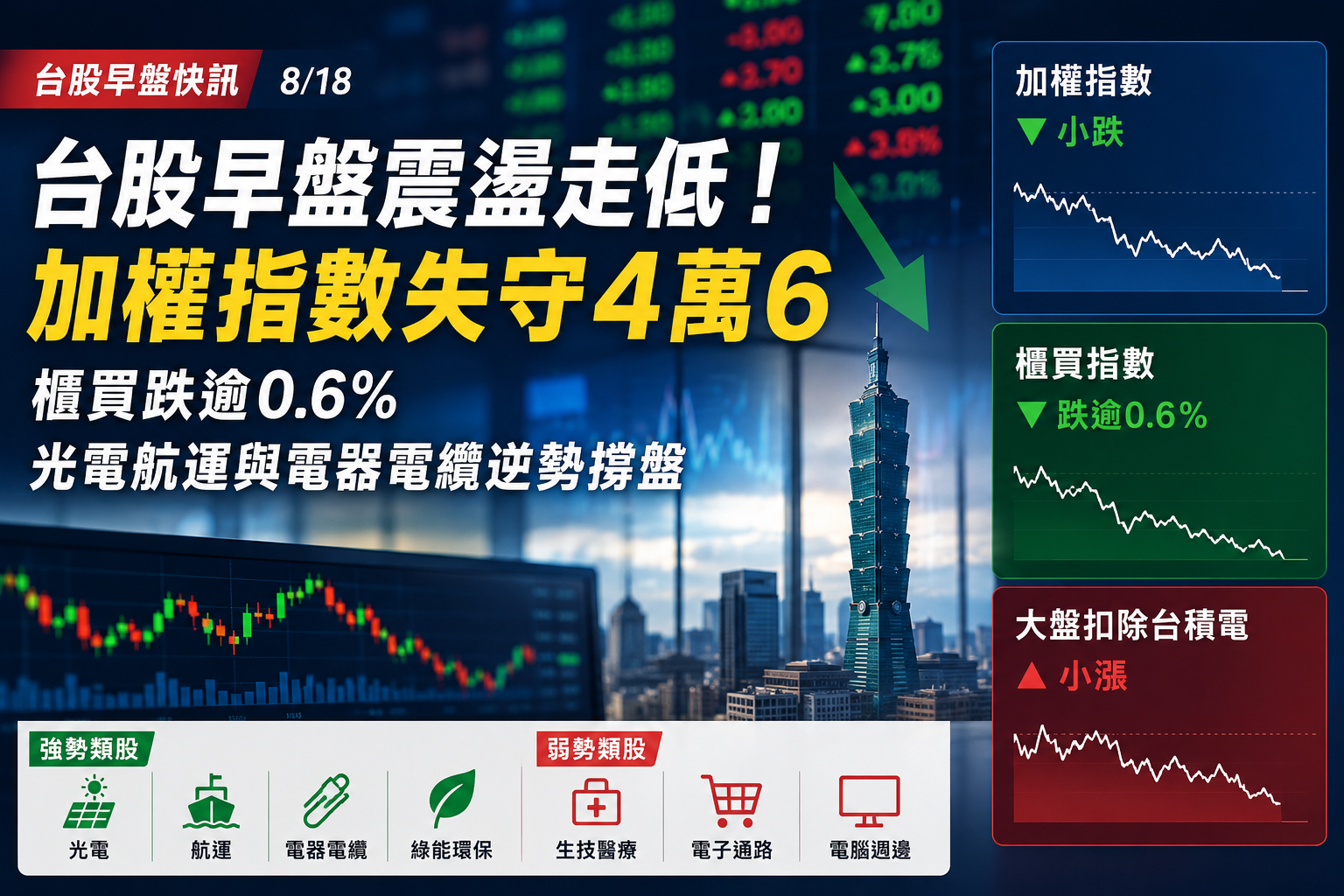 台股早盤震盪走低　加權指數失守4萬6、櫃買跌逾0.6%　光電航運逆勢撐盤