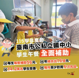 臺南國中小營養午餐全面免費　臺南市長黃偉哲批蔣萬安打開政治潘朵拉盒子讓公共政策陷入選舉操作