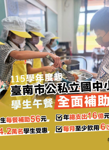 臺南國中小營養午餐全面免費　臺南市長黃偉哲批蔣萬安打開政治潘朵拉盒子讓公共政策陷入選舉操作