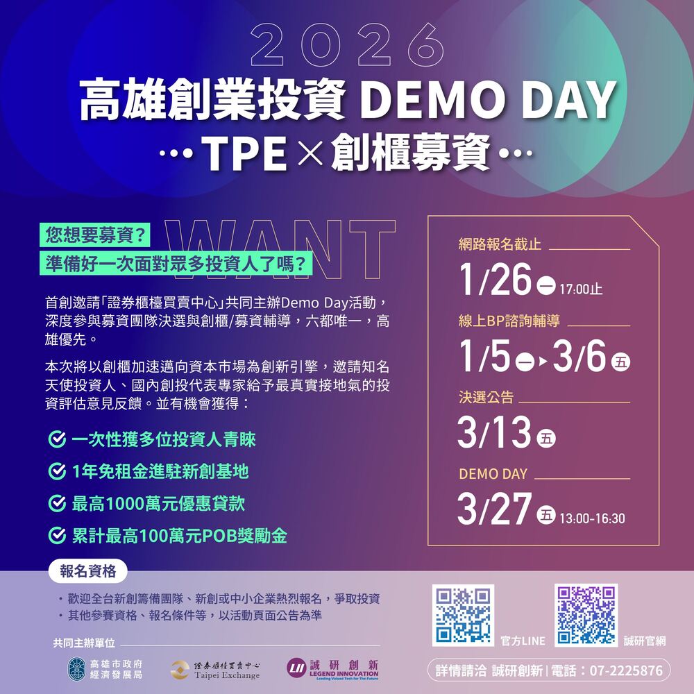 助新創接軌資本市場！2026高雄創業投資DEMO DAY正式啟動 高市府攜手櫃買中心輔導企業募資
