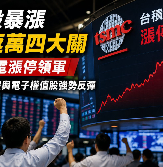 台股大漲3186點創史上最大漲點　台積電漲停收2425元、AI半導體與電子權值股全面反彈，加權指數重返43119點