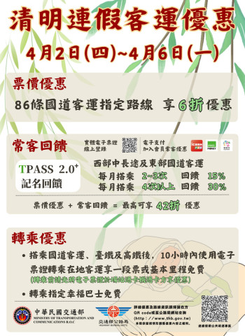 公路局因應清明返鄉 推多項公共運輸優惠 建議民眾提早返鄉避開車潮
