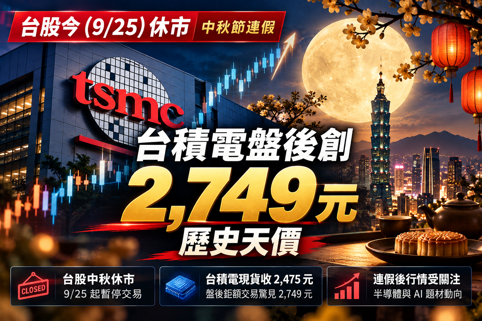 台股中秋休市！封關守住48000點　台積電盤後驚見2749元天價、連假後行情受矚目
