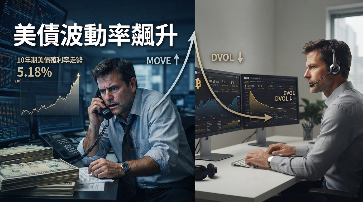美債波動率MOVE兩日飆33%！美國公債殖利率衝5.18%　比特幣DVOL卻逼近年內低點