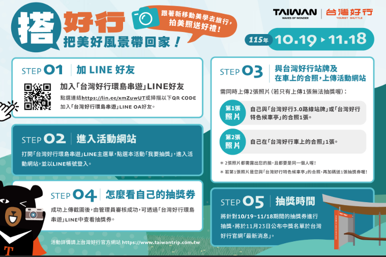 搭台灣好行拍照抽大獎 60多項好禮等你拿 星級旅宿 Taiwan PASS入列