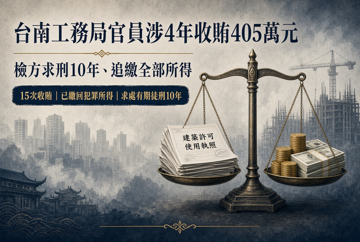 台南工務局官員涉4年收賄405萬元 檢方求刑10年、追繳全部所得