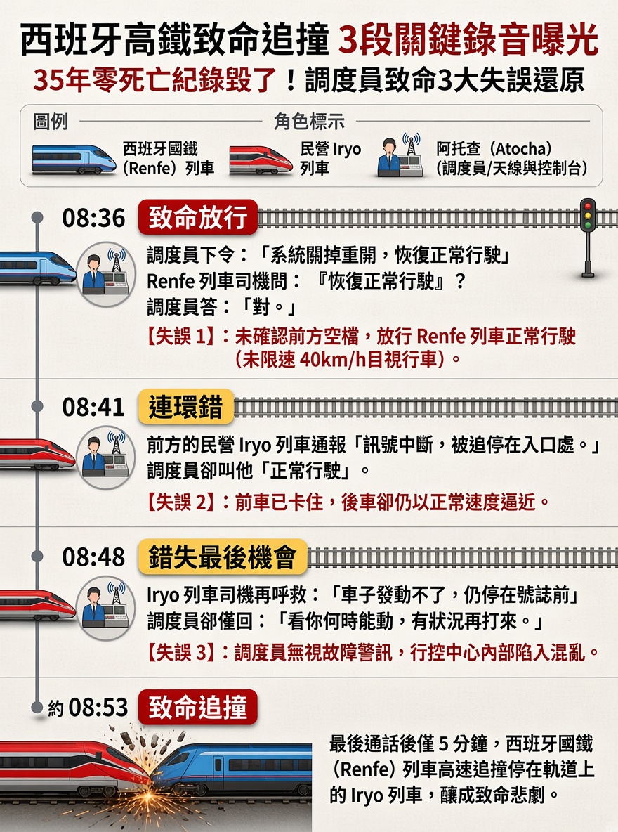 西班牙高鐵追撞釀至少68死 3段調度錄音曝光，事故前17分鐘發生什麼事？