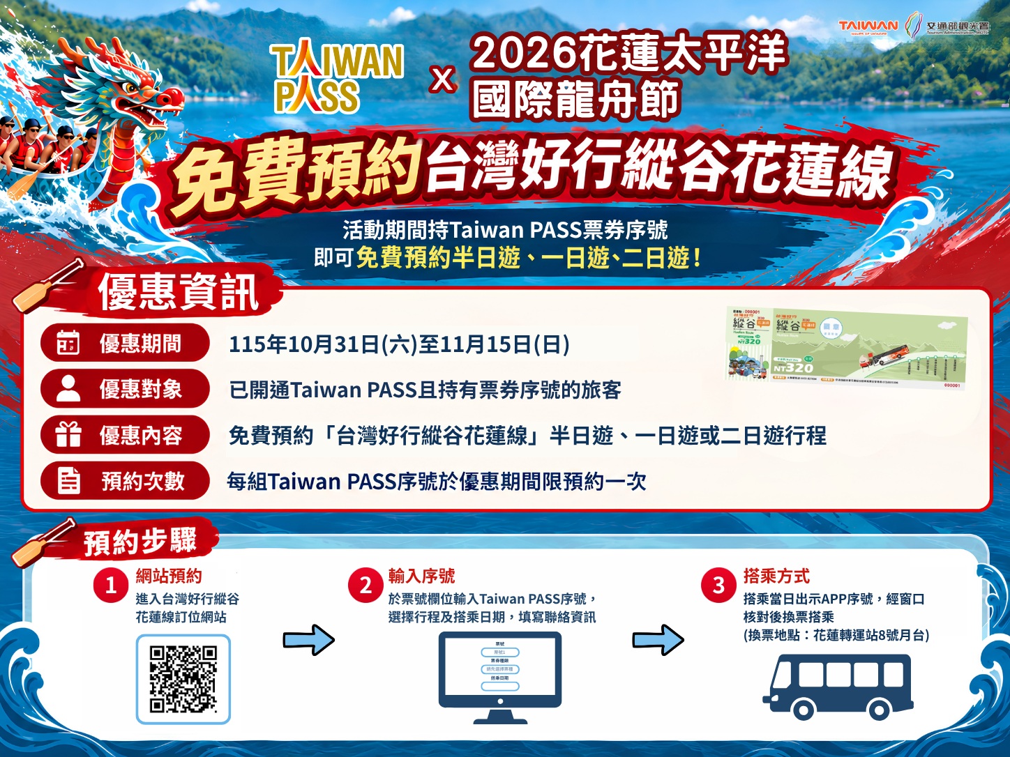 花蓮龍舟節搭車優惠開跑!Taiwan PASS免費搭台灣好行 半日遊、兩日遊都適用